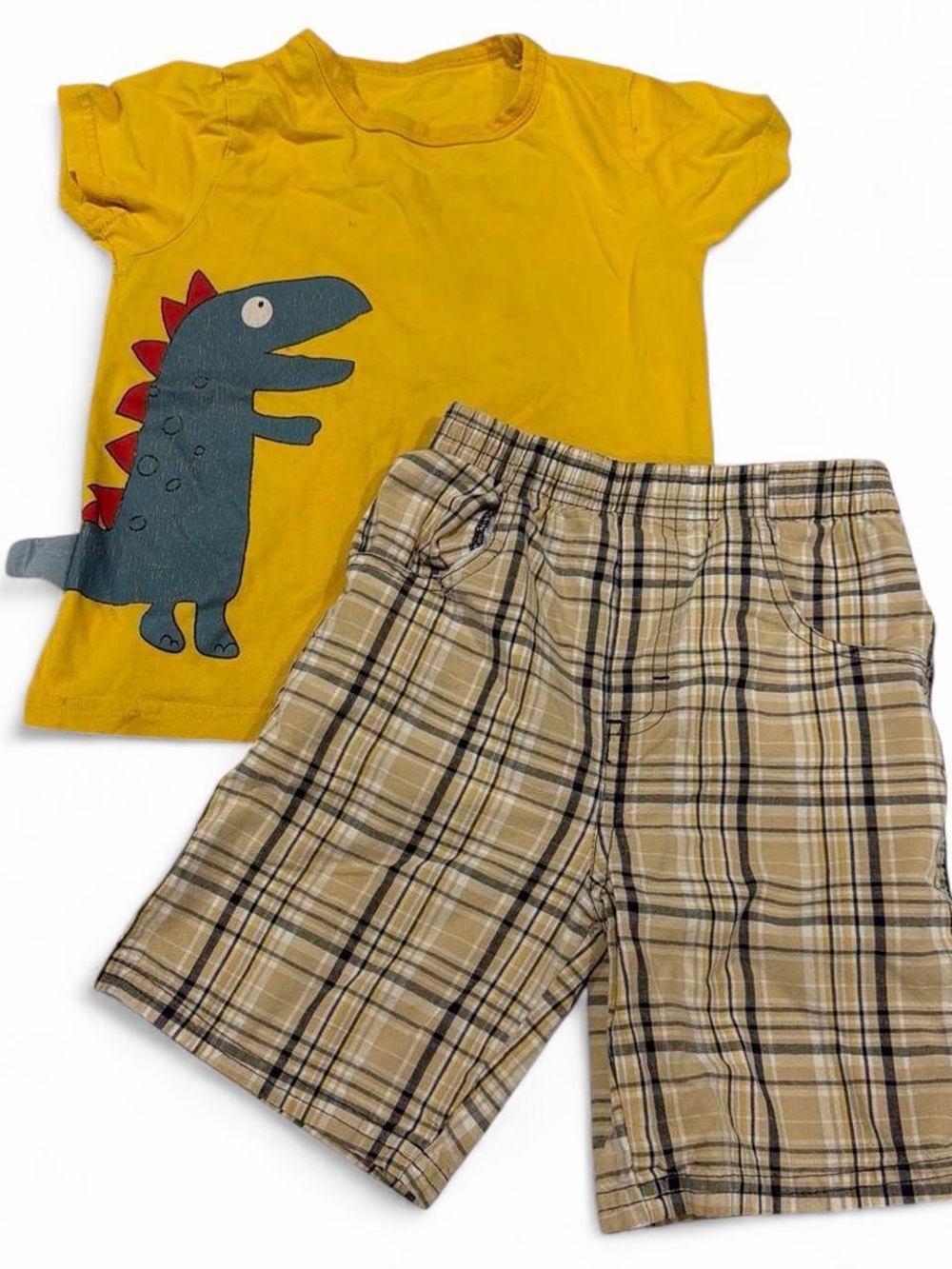 Kids Yellow Dinosaur Tee and Tan Plaid Shorts Set 4 yrs old boys